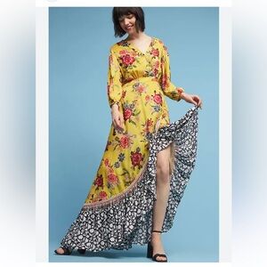 Farm Rio Anthropologie Sunlit yellow floral maxi dress, Small petite